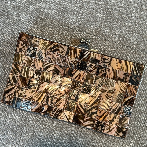 Vintage Mad Bags Mother of Pearl Shell Tiles Brown Black Beaded Clutch - Picture 1 of 6
